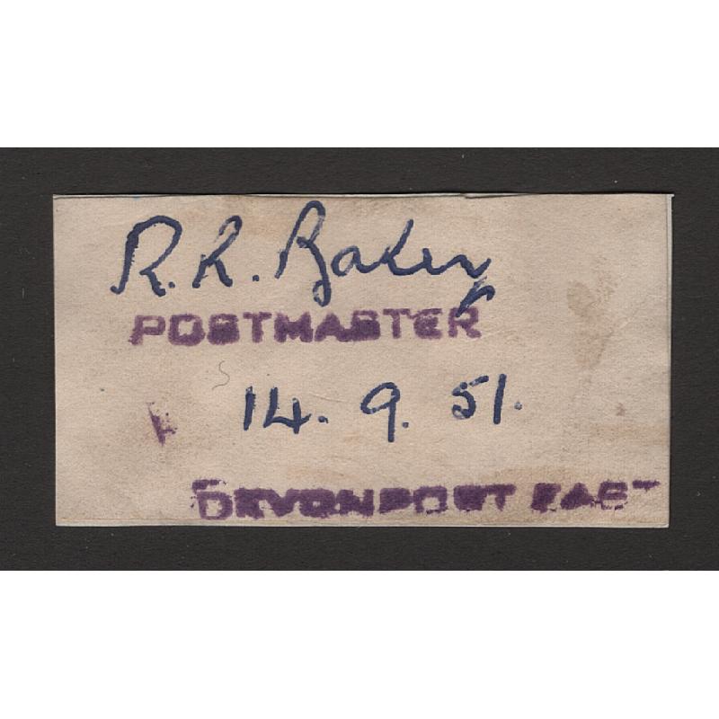 (CT1503) TASMANIA · 1951: piece with POSTMASTER DEVONPORT EAST handstamp with postmaster's signature and date added in ballpoint pen · unusual item