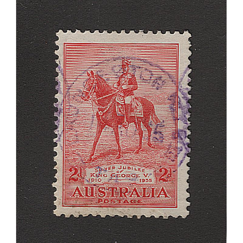 (CT1505) TASMANIA · 1935: a light but obvious impression of the LAUNCESTON RY STN Type 4 cds on a 2d KGV S/Jubilee commem · postmark is rated 5R · this example is the latest recorded date and ex the Avery Collection