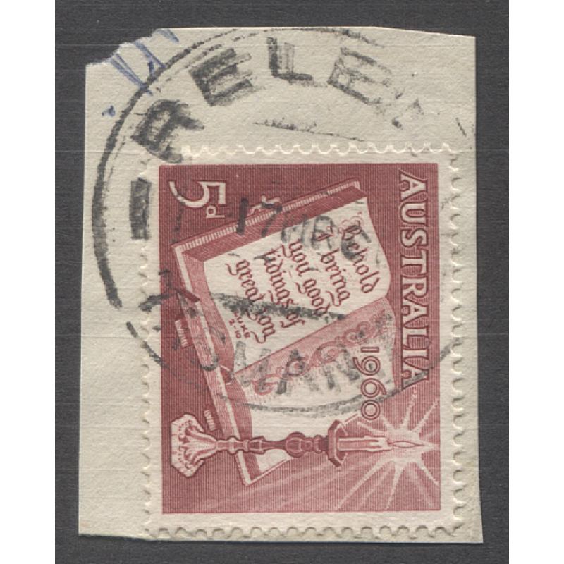 (CT1507) TASMANIA · 1961: an obvious strike of the RELBIA Type 2b(s) cds on piece · postmark is rated 5R · this example is ex Avery Collection
