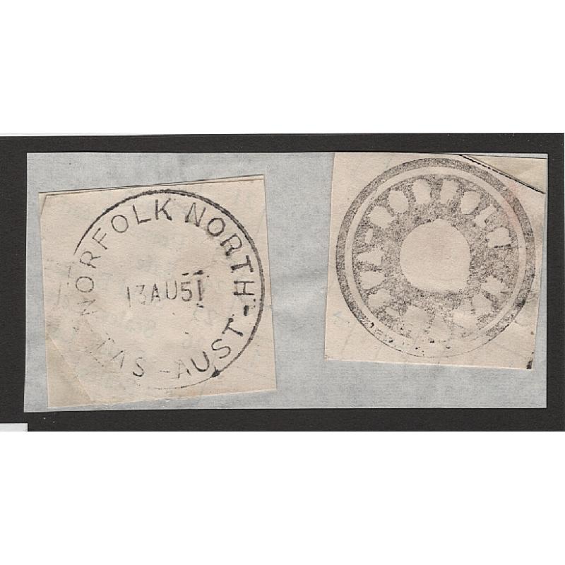 (CT1508) TASMANIA · 1951: a nearly complete strike of the NORFOLK NORTH Type 5 cds on a document clipping; also an obvious impression of the NORFOLK NORTH mail bag seal · both items were affixed to a piece and are ex Avery Collection (2)