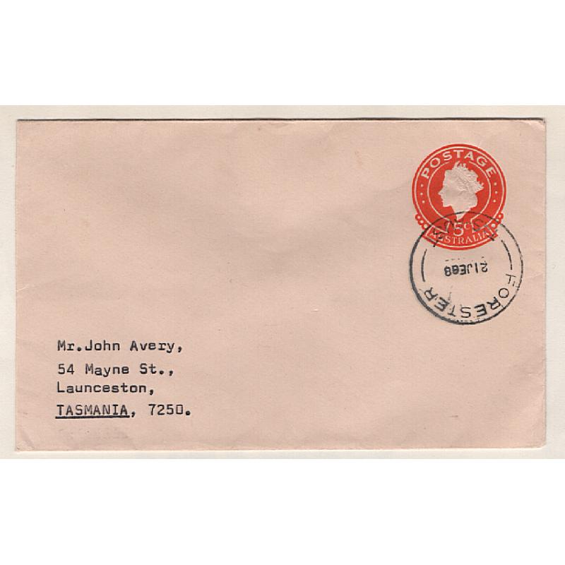 (CT1516) TASMANIA · 1968: a 5c QEII PSE addressed to John Avery with a full strike of the FORESTER Type 5s cds · postmark is rated 3R · this is the latest recorded usage date