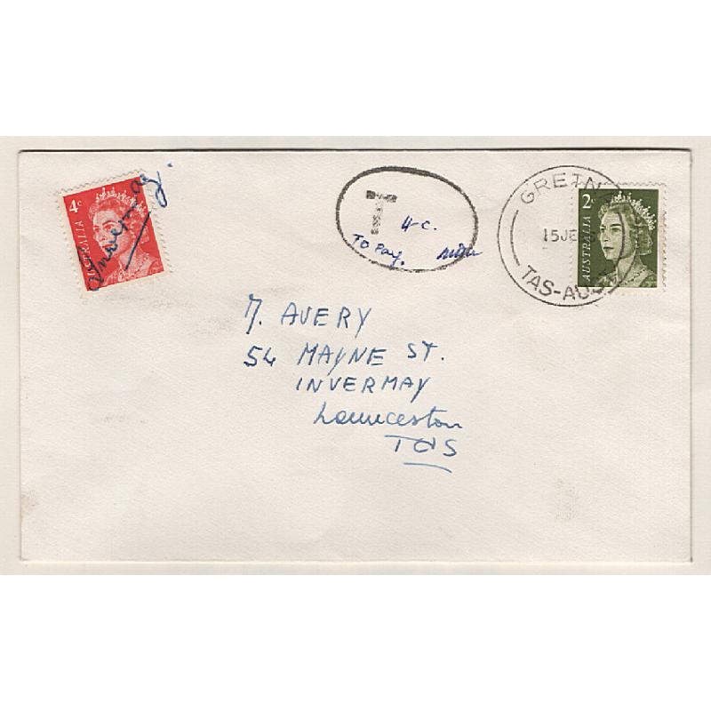 (CT1517) TASMANIA · 1966: underpaid cover mailed at GRETNA · taxed "4c to Pay" · postage due paid using a 4c QEII defin which is tied to the cover with an INVERMAY manuscript cancel in ballpoint ink · fine condition · ex Avery Collection