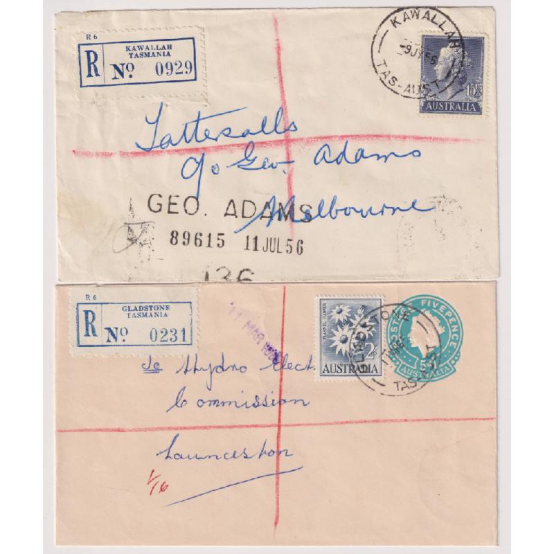 (CT1518) TASMANIA · 1956/65: commercial registered cover mailed at KAWALLAH to Tattersalls, Melbourne; also registered 5d QEII PSE mailed at GLADSTONE · both items in excellent condition