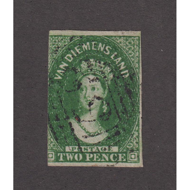 (DA1042) TASMANIA  1855: finely used 3 margin 2d deep green QV Chalon (Star Wmk) SG 15 · lovely colour · c.v. £550