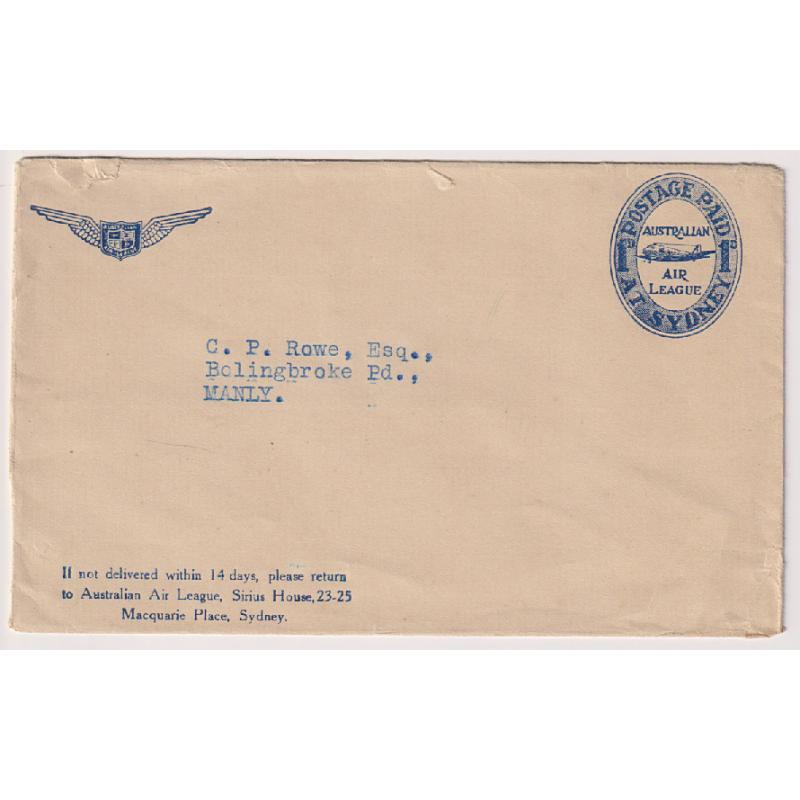 (DA1059) AUSTRALIA · 1930s: used Australian Air League envelope with the 1d POSTAGE PAID indicium · some minor faults so please view the largest image