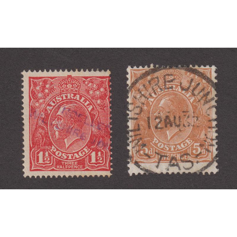 (DA1065) TASMANIA · 1920s/30s:  WILTSHIRE JUNCTION - a light but obvious impression of the Type R4 handstamp which is rated 4R plus a "bull's-eye" strike of the R rated Type 4a cds which replaced it (2)