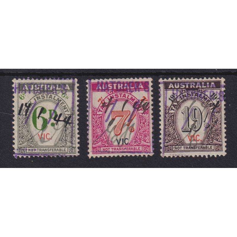 (DA1075) VICTORIA · AUSTRALIA  1940s: used 6d, 7/- and 19/- VIC TAX INSTALMENT stamps · the top value has a diagonal bend o/wise condition is excellent · total Elsmore online c.v. AU$80 (3)