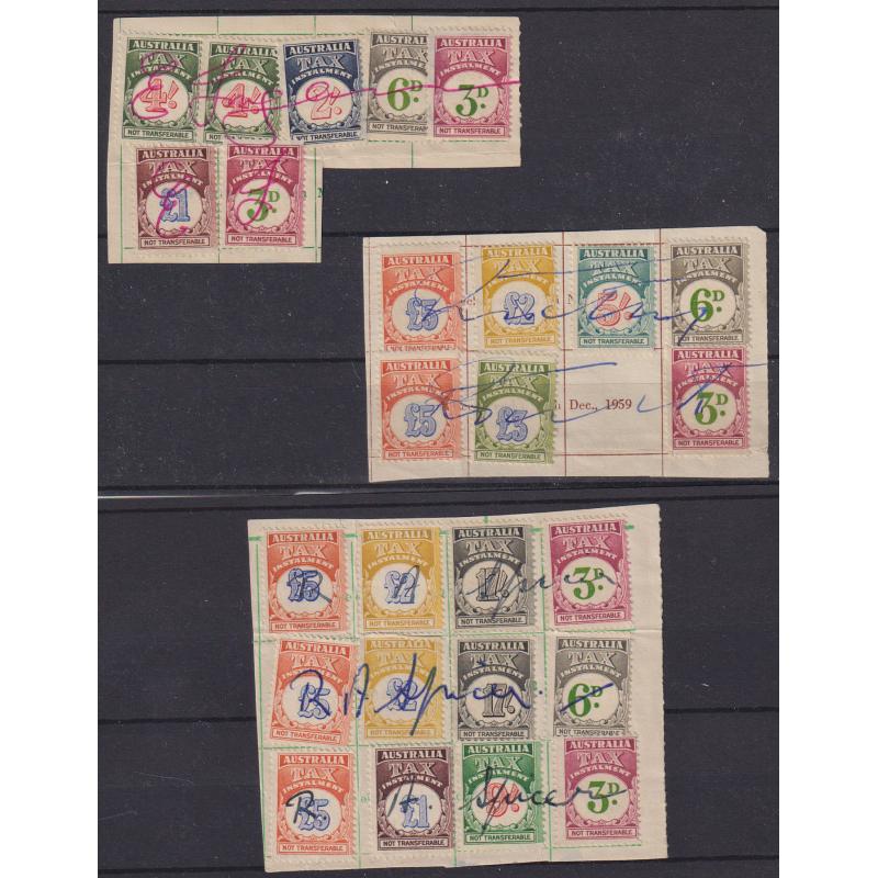 (DA1076) AUSTRALIA · 1950s: 3x document clippings bearing a lightly duplicated assembly of TAX INSTALMENT STAMPS to £5 (5) · clean lot ....see largest image · total Elsmore online c.v. AU$125+ · 26 stamps