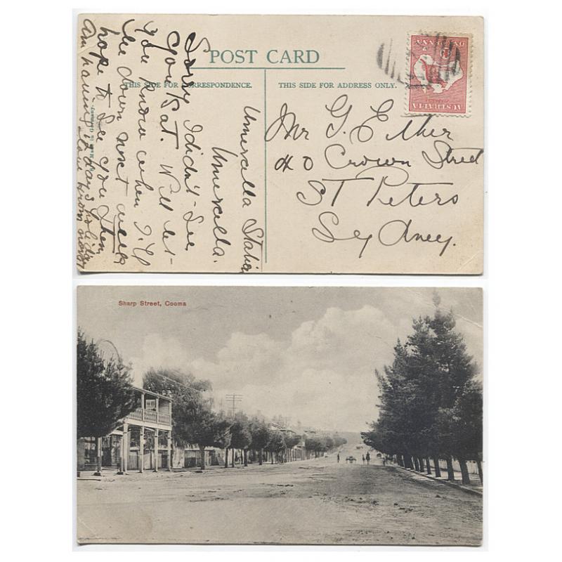 (DA1119) NEW SOUTH WALES · 1913: PPC w/view of SHARP STREET, COOMA with 1d Roo franking tied by a discernible strike of BN1724 used at UMARALLA · message written at &#039;Umeralla Station&#039; · cancel on a Commonwealth issue is rated 5R by Freeman