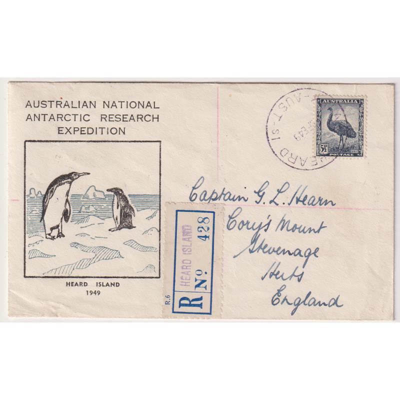 (DA1136) AUSTRALIAN ANTARCTIC TERRITORY · 1949: souvenir cacheted cover mailed to G.B. from HEARD ISLAND by registered post · excellent condition
