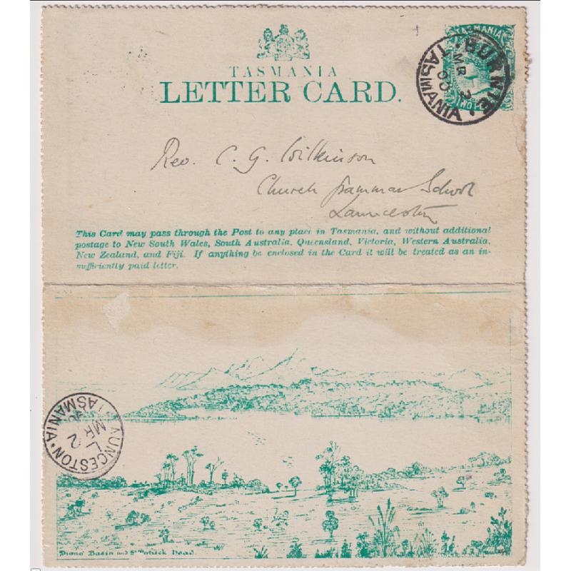 (DA1145) TASMANIA · 1900: used 2d green QV pictorial lettercard with illustrated view  "Diana Basin and St Patrick Head" G&S LC1B ·· some light staining across top of back panel but still quite presentable