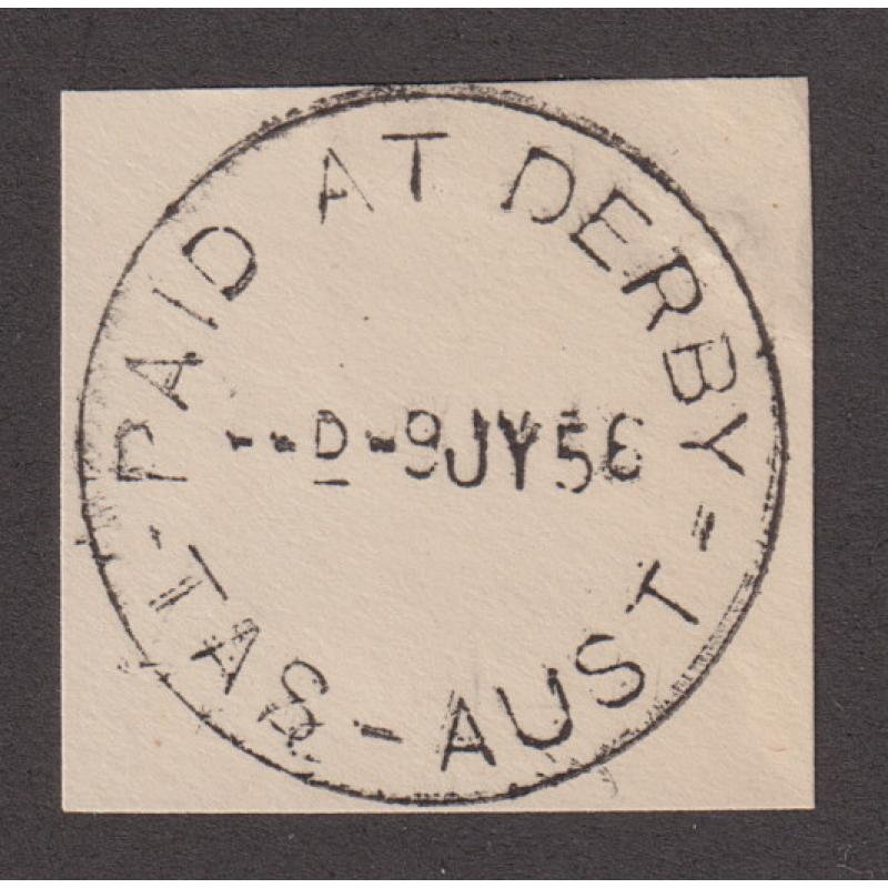 (DA1149) TASMANIA  1956: a full clear strike of the PAID AT DERBY Type 5R cds on a clean envelope clipping · postmark is rated 5R