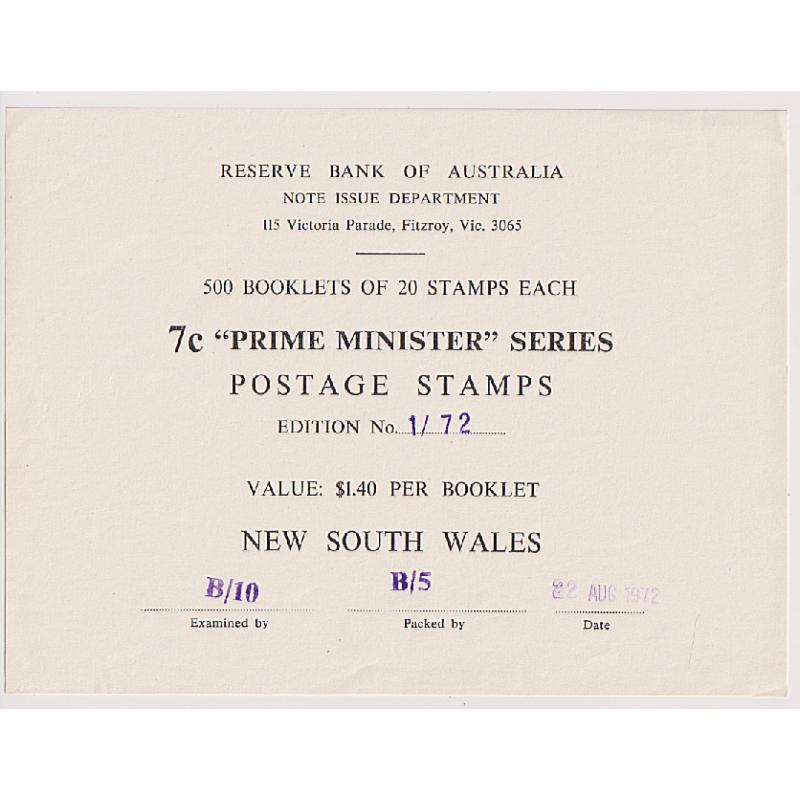 (DA1151L) AUSTRALIA · 1972: RESERVE BANK OF AUSTRALIA NOTE ISSUE DEPARTMENT parcel label used to identify parcel contents · in this case 500x 7c Prime Ministers booklets · VF condition · rare survivor!