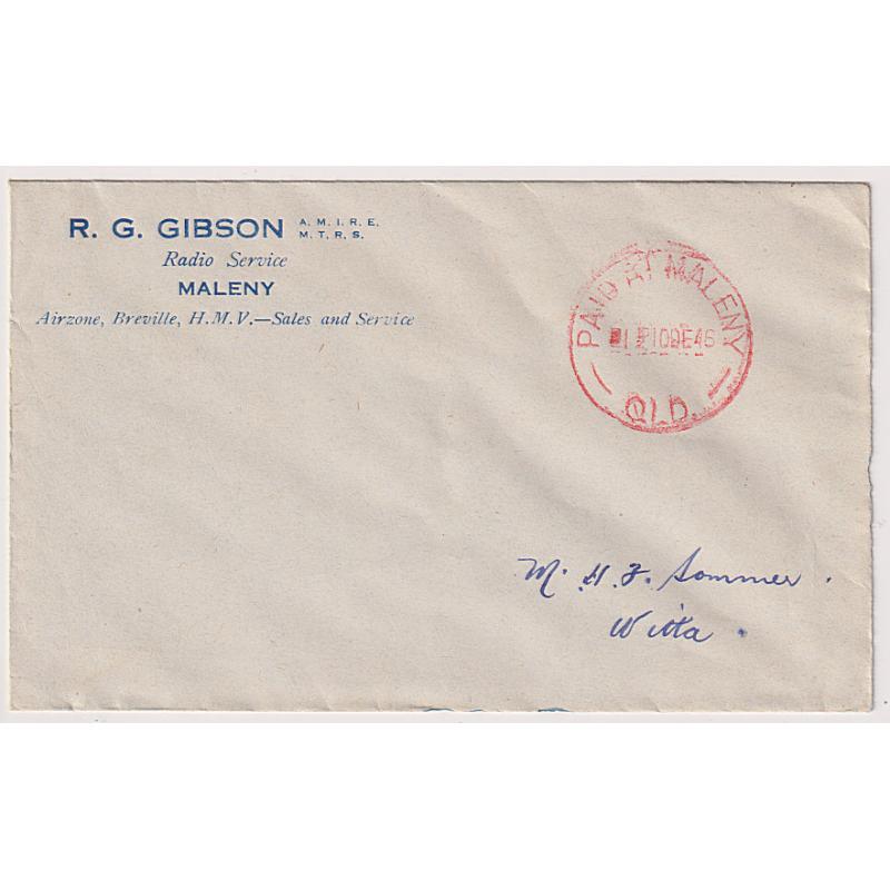 (DA1152) QUEENSLAND · 1946(Dec.10th): neat commercial cover with a full clear strike of the PAID AT MALENY Type 4p cds in red · this is a much earlier usage date than listed by Dell & Price · by 7+ years!