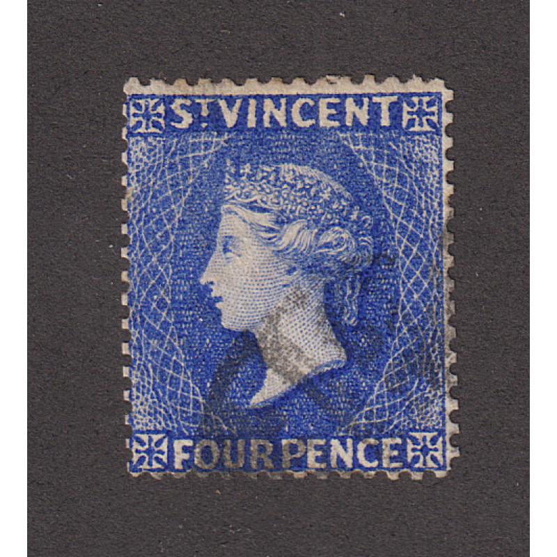 (DA1153) ST VINCENT · 1882: nicely used 4d dull ultramarine QV S/face perf.14 with Crown/CA watermark REVERSED SG 41a · c.v. £350 (2 images)