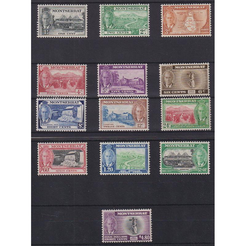 (DA1159) MONTSERRAT · 1951: MLH KGVI pictorial definitive set of 13 SG 123/135 · 3 units have minor gum toning of some perf tips so please view both largest images · c.v. £80 (2 images)