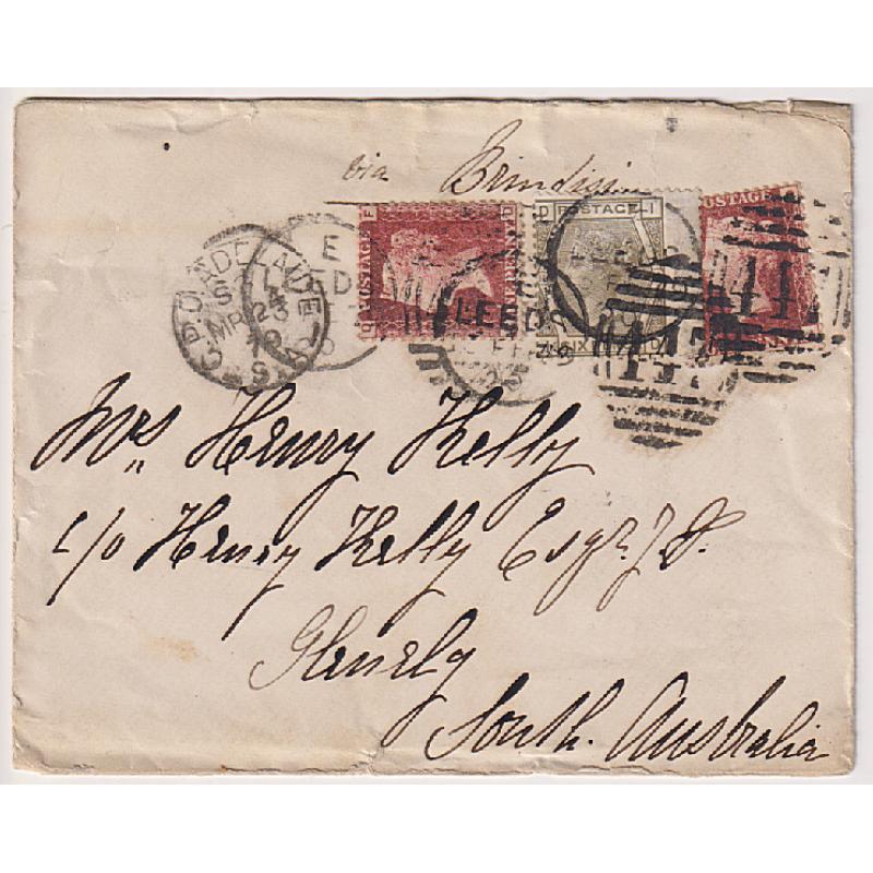 (DA1164) GREAT BRITAIN · SOUTH AUSTRALIA  1879: inwards multi-franked cover mailed at Leeds to Glenelg (SA) "via Briindisi" · G.P.O. transit cds and arrival b/stamp · overall condition is excellent .... see largest image