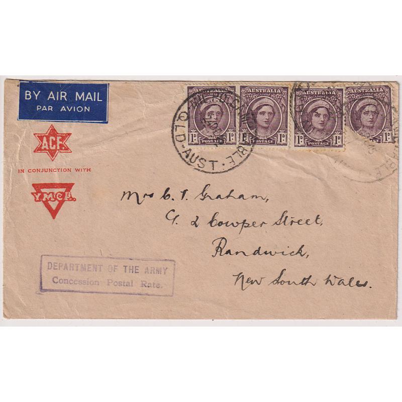 (DA1165) QUEENSLAND · 1945(Dec 24th): ACF envelope mailed at the forces concessional air mail rate from MIL. P.O. CAMP CABLE with a clear strike of the second Type 5 cds · rated 4R by Dell & Price