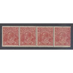 (DA1200) AUSTRALIA · 1924: MNH strip of 4x 1½d red KGV defin (No Wmk) showing THREE listed varieties ACSC 90(17)o, p & q · some imperfections so please read the full description · total c.v. AU$250 (2 images)