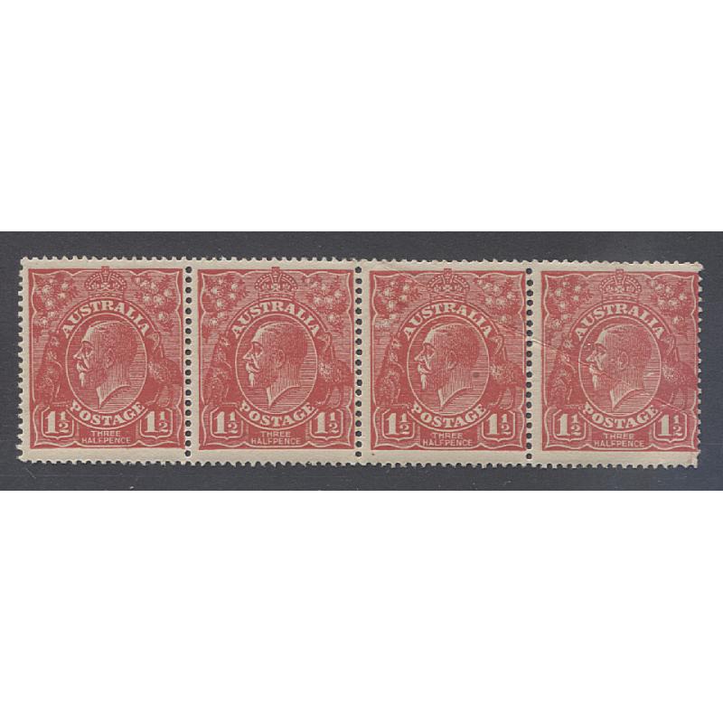 (DA1200) AUSTRALIA · 1924: MNH strip of 4x 1½d red KGV defin (No Wmk) showing THREE listed varieties ACSC 90(17)o, p & q · some imperfections so please read the full description · total c.v. AU$250 (2 images)