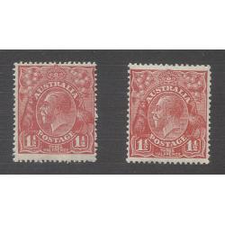 (DA1204) AUSTRALIA · 1927: MNH and MH 1½d red KGV defins (both with INVERTED SM Wmk · perf.14 and 13½x12½ respectively) ACSC 91a/92a · nice condition · total c.v. AU$150+ (2 images)