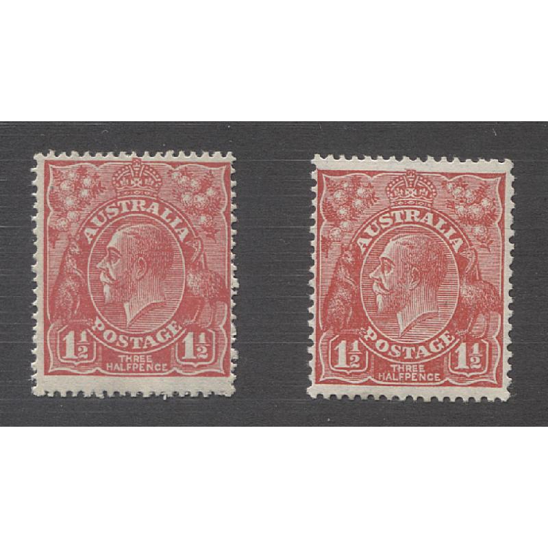 (DA1204) AUSTRALIA · 1927: MNH and MH 1½d red KGV defins (both with INVERTED SM Wmk · perf.14 and 13½x12½ respectively) ACSC 91a/92a · nice condition · total c.v. AU$150+ (2 images)