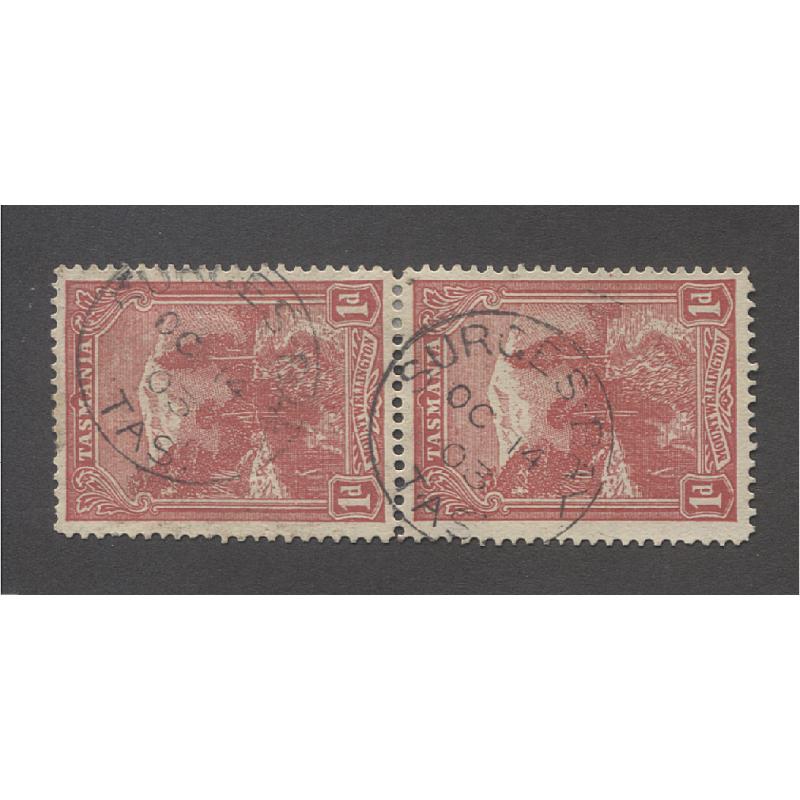 (DA15009) TASMANIA  · 1909: two clear strikes of the SURGES BAY Type 1a cds on a pair of 1d Pictorials · postmark is rated RRR(14)
