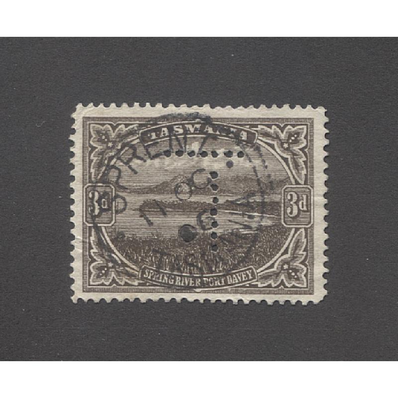(DA15010) TASMANIA  · 1906: a full strike of the SPRENT Type 1 cds on a 3d Pictorial perf T · postmark is rated S(5*) and is much rarer still on this stamp