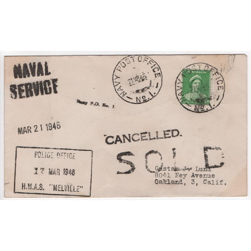 (DB1111) NORTHERN TERRITORY · 1945: "souvenir cover" to USA mailed from H.M.A.S. "MELVILLE" at DARWIN · a selection of available datestamps and handstamps available at the office · unusual item in fine condition