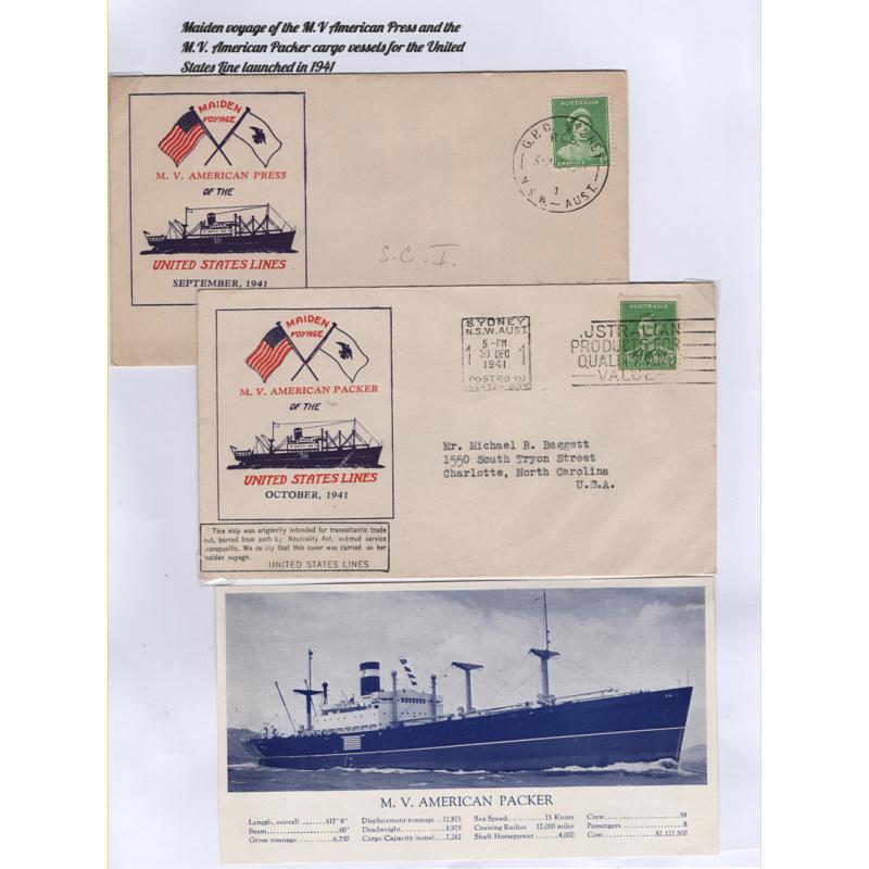 (DB1112L) AUSTRALIA · UNITED STATES  1941: 2 similar covers carried on the MAIDEN VOYAGES of the M.V. AMERICAN PRESS and M.V. AMERICAN PACKER plus a flyer enclosure from the latter cover · both items mailed to USA from Sydney (3)