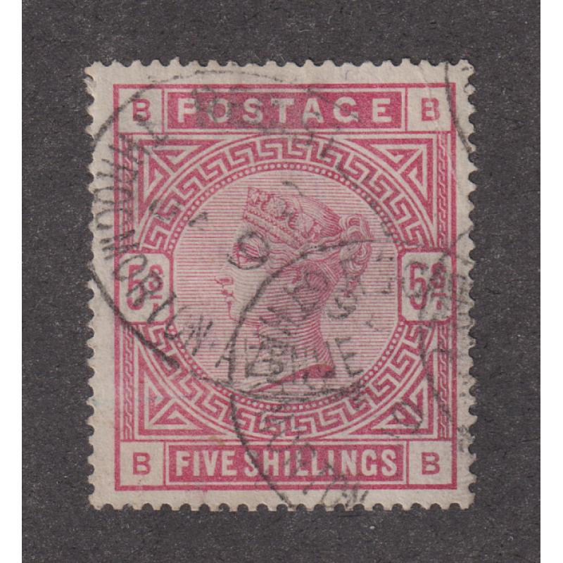 (DJ1001) GREAT BRITAIN · 1883: commercially used 5/- rose QV (Large Anchor wmk) SG 180 · light corner crease at UR but better than "just a space-filler" · c.v. £250