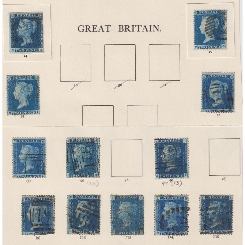 (DJ1002) GREAT BRITAIN · 1841/76: small assembly of used 2d blue QV (1 imperf, 11 perf) in a mixed condition · examples from Plates 5, 6 & 8 identified · total c.v. £700+ (12)