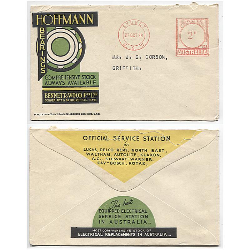 (DM10002) AUSTRALIA · 1938: Bennett & Wood Pty Ltd envelope advertising HOFFMAN BEARINGS, etc. front and back · opened a little roughly but clean, intact and very displayable