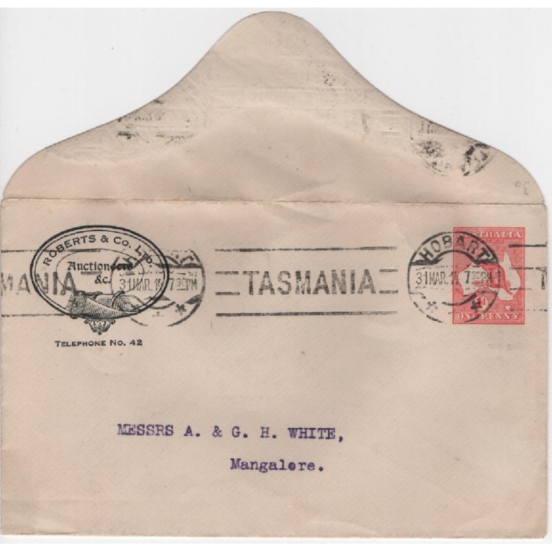 (DM1046) TASMANIA · 1914: stamped to order envelope used by ROBERTS & Co. Ltd. with a Die II 1d carmine Roo indicium BW ES4 · fine condition for an example of this envelope