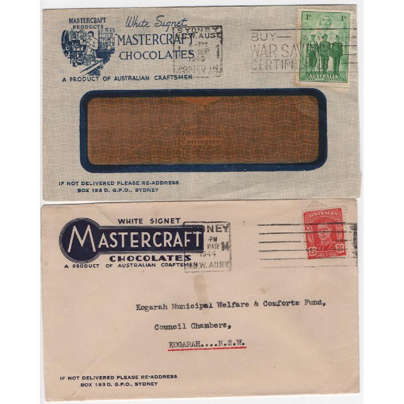 (DM1051) AUSTRALIA · 1940/44: two different advertising envelopes from WHITE SIGNET MASTERCRAFT CHOCOLATES (SYDNEY) · overall condition is excellent (2)