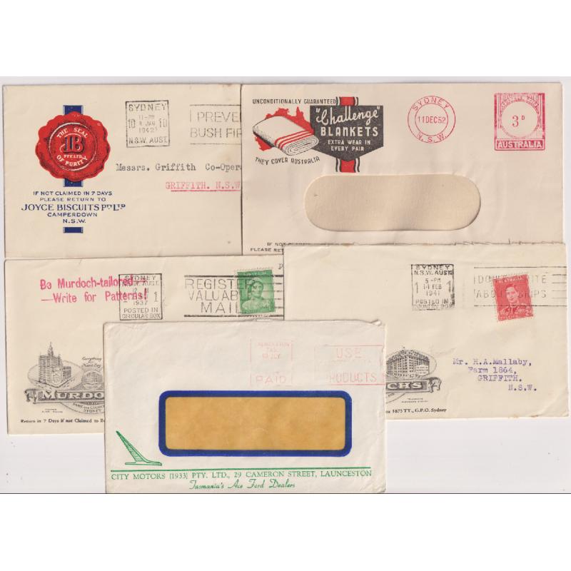 (DM1053) AUSTRALIA · 1937/64: 5x used advertising covers · "Challenge" Blankets, Murdoch's (2), Joyce's Biscuits, etc. · excellent to fine condition (5)
