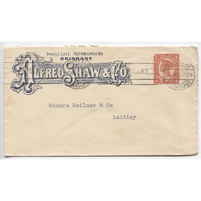 (DM1287) QUEENSLAND · 1913: advertising cover from Alfred Shaw & Co. (Wholesale Ironmongers) mailed from Brisbane to Laidley - excellent to fine condition · BUY OUT price on bidding page
