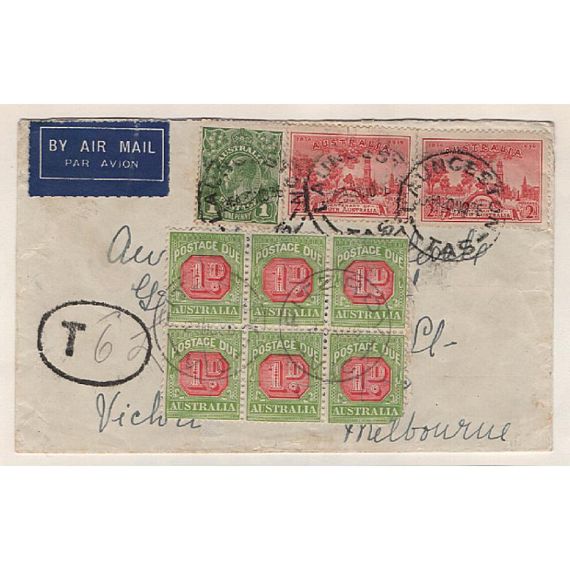 (DM1500) AUSTRALIA · 1936: commercial air mail cover mailed to VIC at Launceston · taxed 6d · block of 6x 1d P/Dues tied to cover by Fitzroy cds · VG to excellent condition