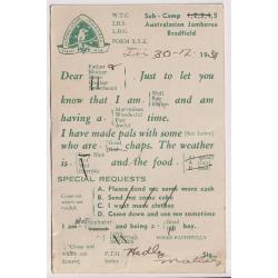 (DM1501) AUSTRALIA · 1938: Australasian Scout Jamboree 'choose your content' postcard mailed to Griffith from the jamboree · excellent condition · excellent condition · used cards are few and far between (2 images)