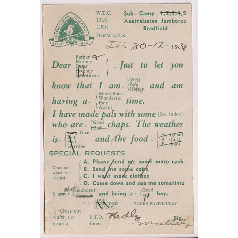 (DM1501) AUSTRALIA · 1938: Australasian Scout Jamboree 'choose your content' postcard mailed to Griffith from the jamboree · excellent condition · excellent condition · used cards are few and far between (2 images)