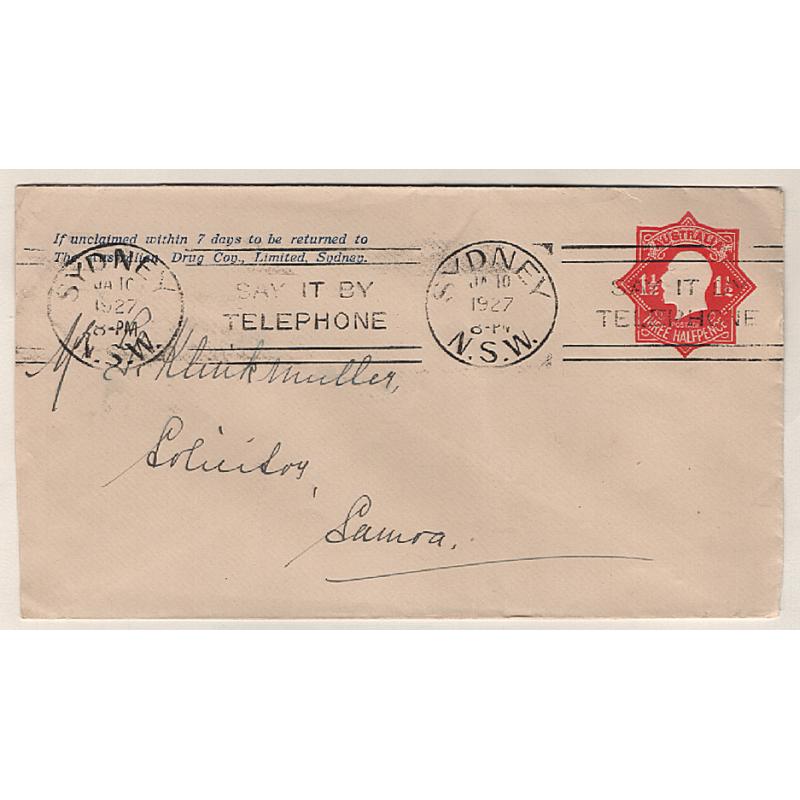 (DM1503) AUSTRALIA · 1927: stamped-to-order envelope used by THE AUSTRALIAN DRUG CO. SYDNEY with a 1½d red KGV "Star" indicium BW ES56 · flap stuck down but overall excellent to fine appearance