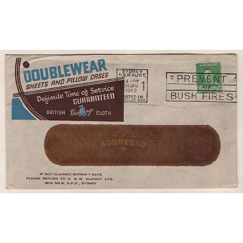 (DM1505) AUSTRALIA · 1942: cover used by D & W Murray Co. (Sydney) to advertise DOUBLEWEAR SHEETS AND PILLOW CASES · mailed at printed matter rate thus flap not stuck down · nice condition