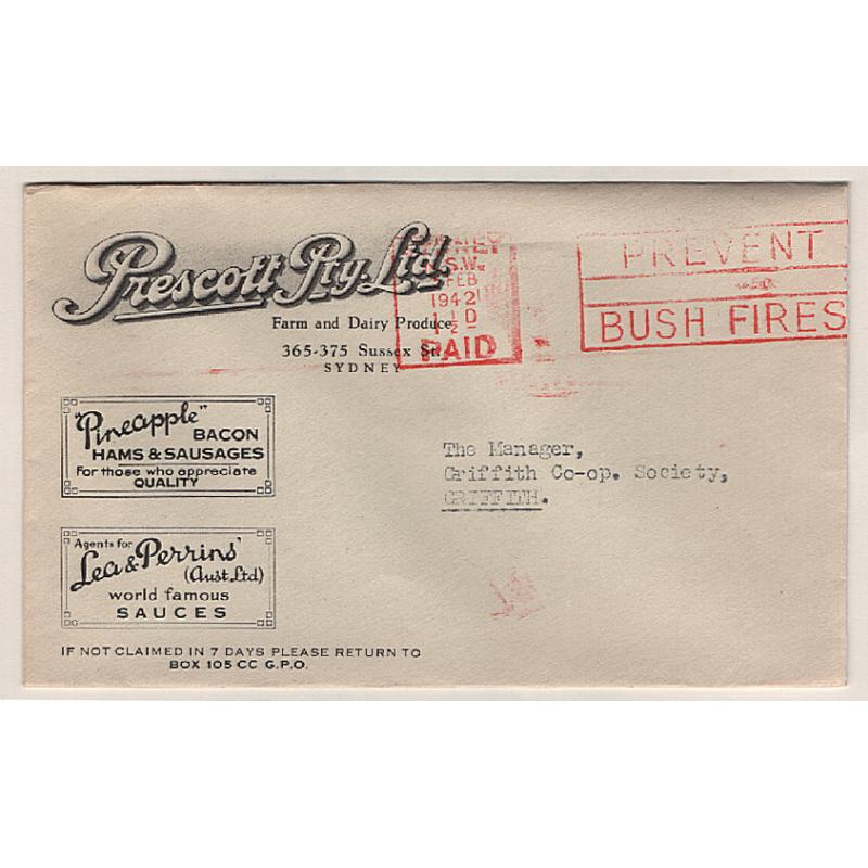 (DM1506) AUSTRALIA · 1942: cover used by Prescott Pty.Ltd. (Sydney) advertising "Pineapple" Bacon, Hams & Sausages as as Lea & Perrins' sauces and "Daisy" butter · excellent clean condition