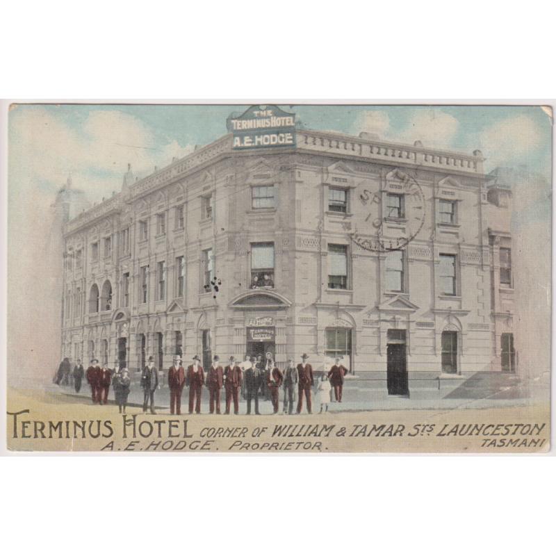 (DY1030) TASMANIA · 1910: advertising card by F.W. Niven with a view of the TERMINUS HOTEL LAUNCESTON · postally used to Bothwell with 1d Pictorial franking · see full description