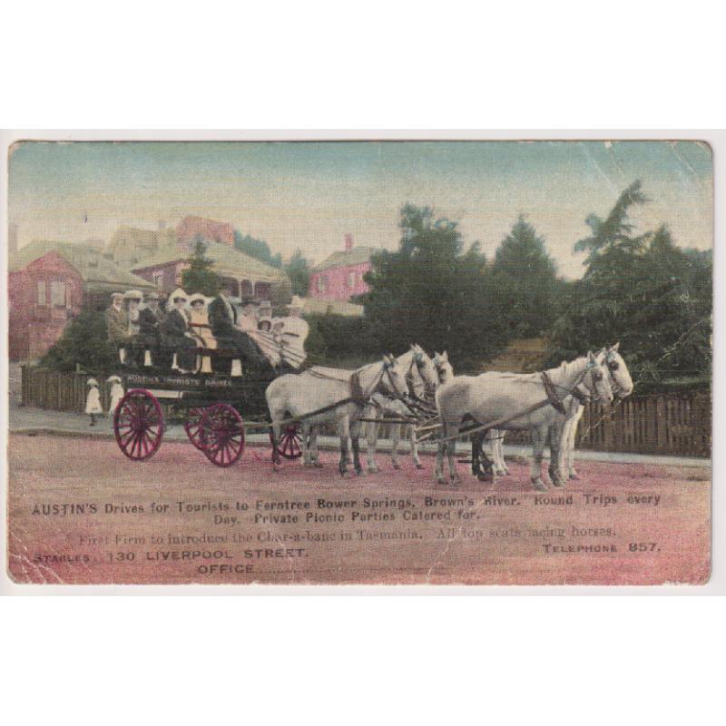 (DY1035) TASMANIA · c.1908: F.W. Niven advertising card for AUSTIN'S DRIVES FOR TOURISTS ("First Firm to Introduce the Char-a-banc in Tasmania") · signs of wear · long message on back but not postally used
