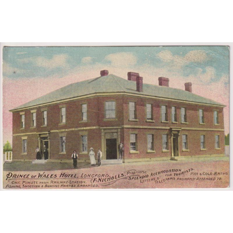 (DY1036) TASMANIA · c.1908: F.W. Niven advertising card with a view of the PRINCE OF WALES HOTEL, LONGFORD in excellent condition · used (not postally) by the hotel to order some spirits from a well-known Launceston wholesaler
