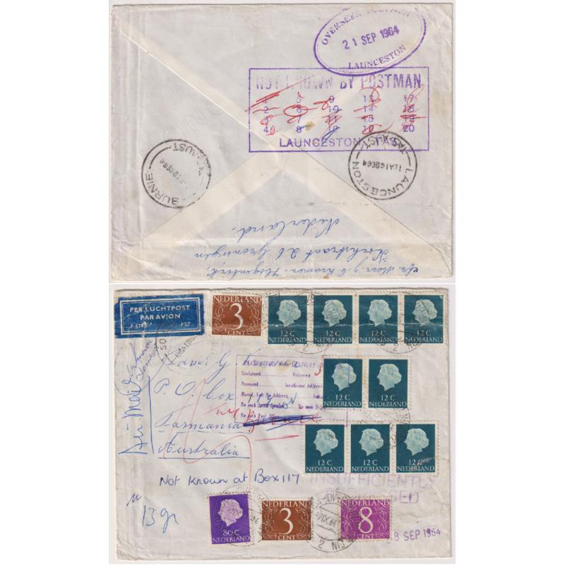 (EE1115) TASMANIA · 1964: inwards air mail cover found to be undeliverable · various markings including OVERSEER POSTMEN LAUNCESTON datestamp and INSUFFICIENTLY ADDRESSED h/stamp ....see both large images