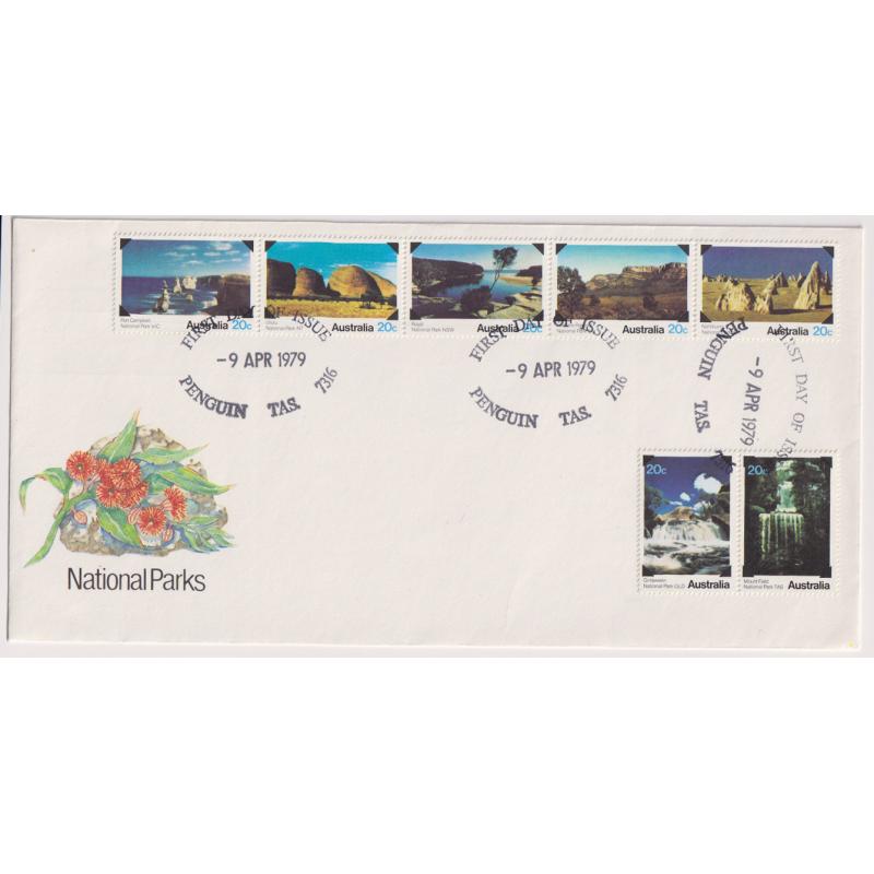 (EE1200L) TASMANIA · 1979 (April 9th): FDC for National Parks issue with three clear impression of the oval PENGUIN f.d.i. datestamp used for a brief period · postmark is rated 3R