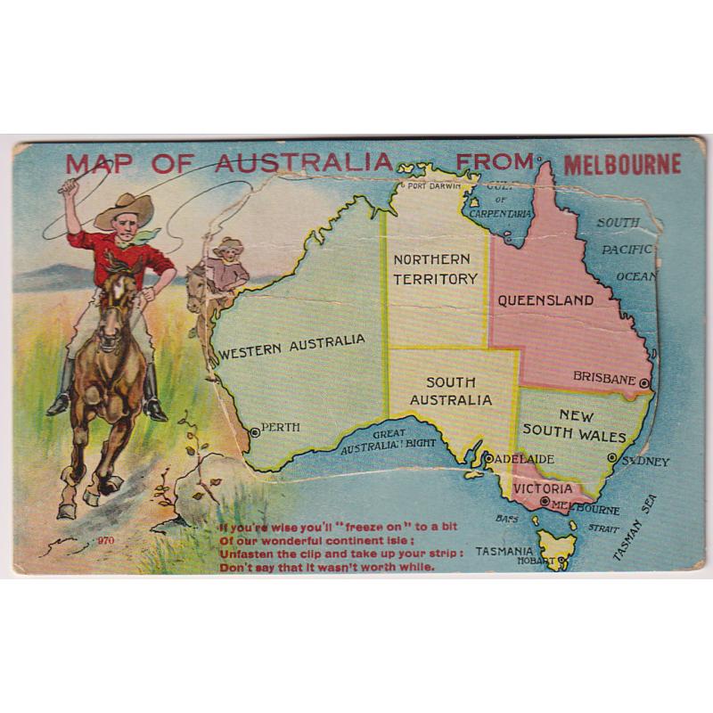 (EE1298) AUSTRALIA · c.1910: novelty postcard by Valentine & Sons titled MAP OF AUSTRALIA FROM MELBOURNE with a foldout of miniature views of Melbourne · excellent condition · see both largest images