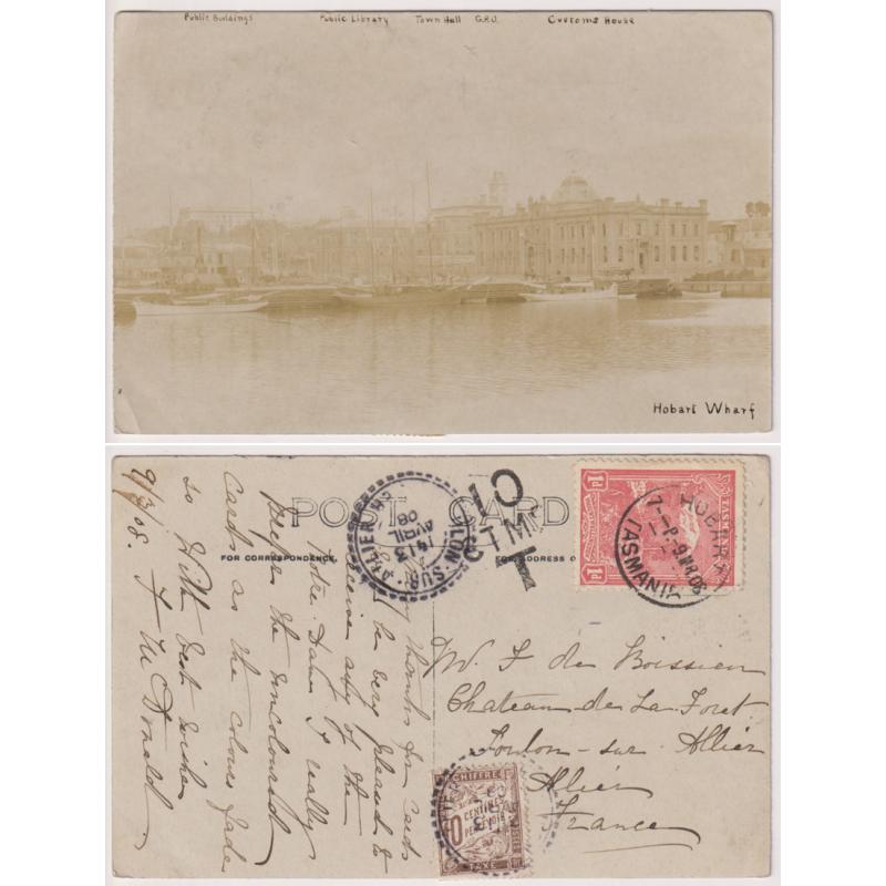 (EE1337) TASMANIA · FRANCE  1906: real photo card with a view of HOBART across VICTORIA DOCK mailed to FRANCE a ½d short · fine strike of Hobart 10 CTM T h/s (Reid DP14) · deficient postage paid on arrival using a 10c P/Due · nice condition